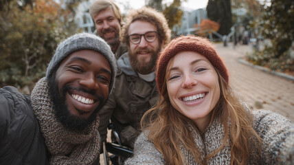 Friends with disabilities share laughter and joy during a sunny autumn day