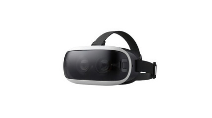 Sleek black and white virtual reality headset featuring dual lenses and adjustable straps designed for immersive digital experiences on transparent background