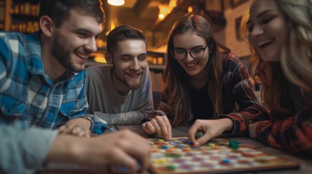 A cheerful group of young people playing a board game in the warm atmosphere of a caf&eacute; will serve as a warm, atmospheric backdrop  