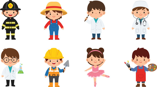 Set of cute cartoon children characters dressed in professional costumes including firefighter doctor scientist farmer builder and ballerina isolated on white background