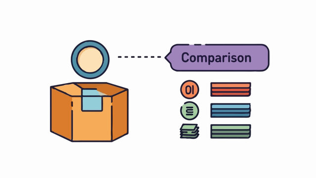 Icon representing a box, a user, and data comparison with stacked bars