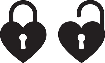 Locked and unlocked heart icon silhouette set, valentine day symbol, heart shape lock silhouette vector illustrations