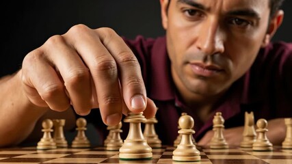 Man playing chess and moving a king piece on a wooden board. Focused player thinking about strategy and next move. Intelligence and logic concept. Cinematic close-up - Powered by Adobe
