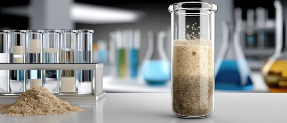 Close-up of underground soil sample being taken from a test tube in a laboratory setting with blurred scientific equipment in the background