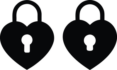 Locked and unlocked heart icon silhouette set, valentine day symbol, heart shape lock silhouette vector illustrations