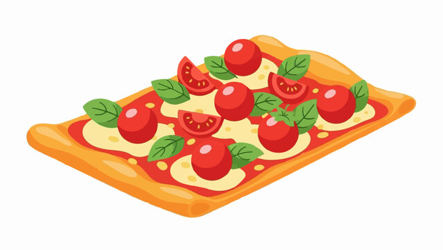 Illustrated rectangular pizza with melted cheese, red sauce, cherry tomatoes, and basil