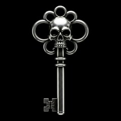Antique style silver skeleton key showcasing a detailed skull and elegant metallic swirls on a dark empty background.