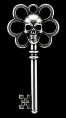 Ornate dark fantasy skull key crafted from polished metal with symmetrical filigree loops and a classic skeleton bit.