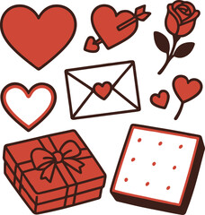 Valentine love set with heart shapes rose arrow letter envelope box chocolates for romantic celebration color vector illustration