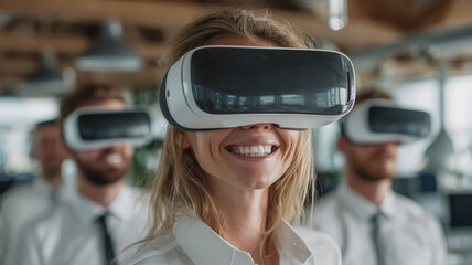 Engaged colleagues explore virtual reality together in a modern office setting
