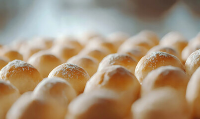 Freshly baked dough balls arranged in bakery production line, showcasing their golden brown tops and dusting of flour, creating warm atmosphere