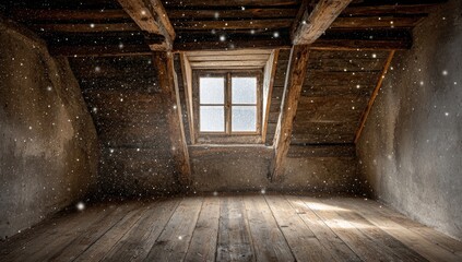 Rustic attic room, snowy day