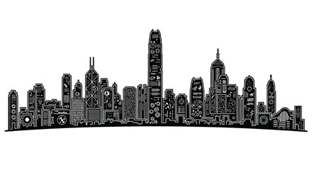 Obraz premium Detailed black and white skyline illustration of a modern city landscape