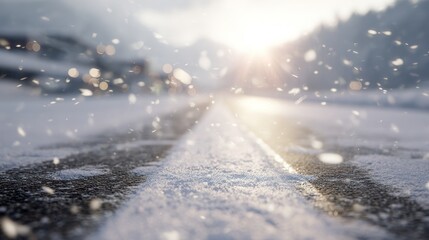Snow falls on a road with sunlight shining through trees in winter season