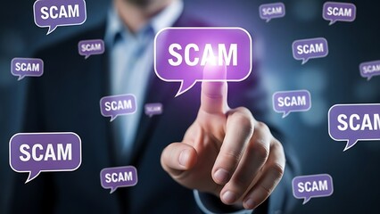 Visual representation of online fraud showing a finger selecting a prominent glowing scam speech bubble among many others.