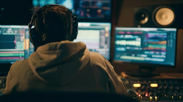 Medium shot of a sound designer utilizing advanced mixing software to craft an enveloping immersive audio atmosphere with multidimensional surround sound.