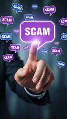 ​A professional finger touching a vibrant neon scam notification amidst a cloud of deceptive digital alert messages online.