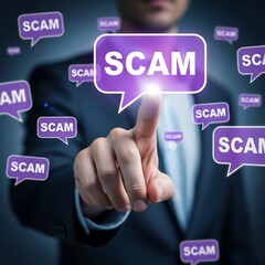 Conceptual image showing a person about to click a scam alert surrounded by many smaller fraudulent digital icons.