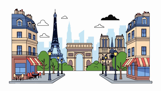 Paris iconic landmarks with Parisian buildings, cafe, trees, street lamps, clouds, and city skyline