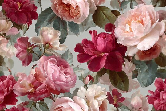 Elegant, chic, vintage seamless repeatable pattern featuring blooming small roses with very light grey color is background , adorned by large roses in shades of blush and rose hues