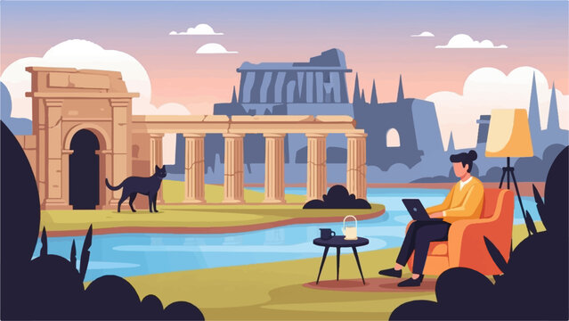 Person works on laptop near ancient ruins, cat gazes at water