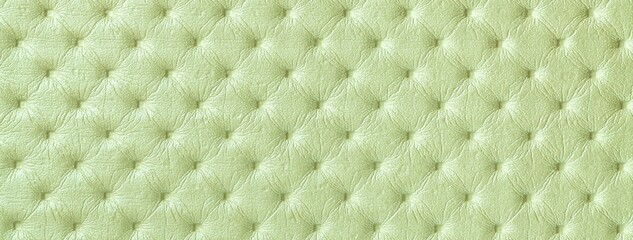 Pastel green leather texture with capitone pattern, macro background of olive retro Chesterfield vintage textile fabric