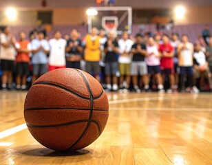 A basketball rests on a shiny wooden court with a blurred crowd and hoop in the background
