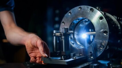 Medium shot of a technician adjusting vacuum sputtering equipment for thin film coatings on optical lenses showcasing precision in advanced optics manufacturing.