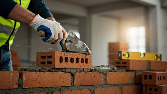 Close-up of a bricklayer building a wall with red bricks and mortar. Professional mason using a trowel and spirit level on a construction site. Home building and masonry concept