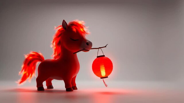 Red Toy Fire Horse Carrying a Glowing Lantern in a Studio Setting