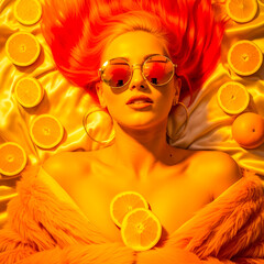 Fototapeta premium Vibrant woman with orange-pink-yellow gradient hair on sunrise satin sheet with fresh citrus slices