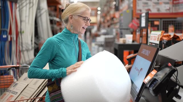 Mature woman looks for packing materials in a hardware store to securely ship family heirlooms and antiques.