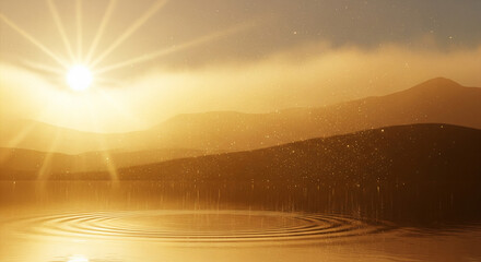 Golden sunrise over serene mountain lake with rippling water