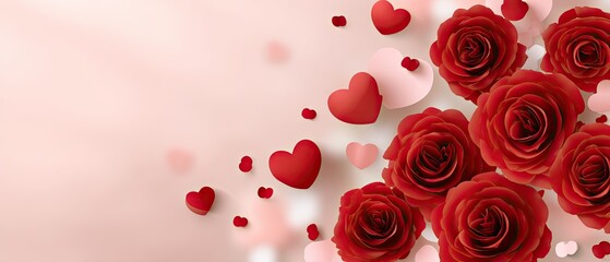 Valentines day banner design featuring red rose flowers, hearts, and confetti on a pastel pink background with space for text