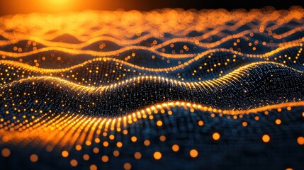 Bright orange dots flow like waves on dark background