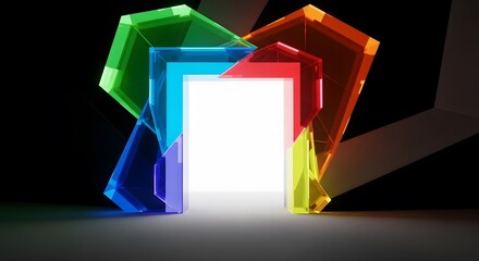 A futuristic 3D abstract background featuring translucent, colorful geometric shapes framing a bright white doorway or portal of light.