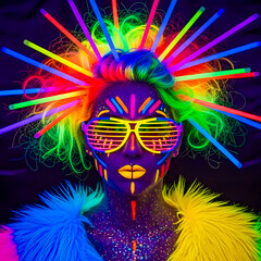 Cyberpunk model with neon green-pink-blue hair surrounded by sushi rolls