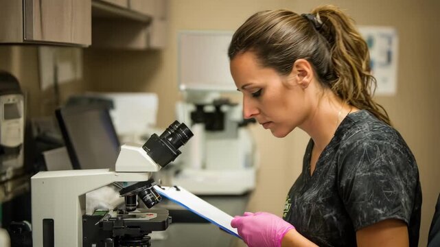 Veterinary technician carefully analyzing blood samples under a microscope in a clinical lab setting ensuring accurate pet health diagnostics.