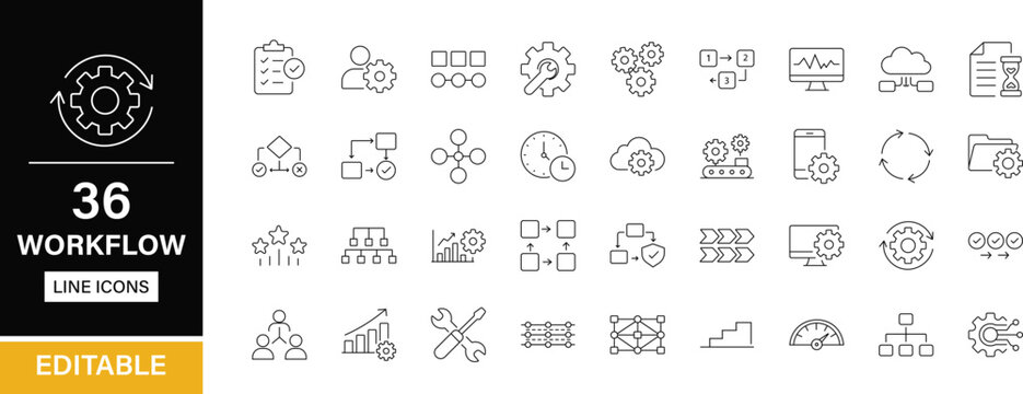 Workflow 36 editable line icons pack. Process, task, step, system, sequence, action, cycle, automation, procedure, framework, integration, flowchart, project and more icons.