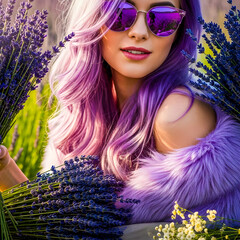 Romantic woman with lavender-purple-pink ombre hair surrounded by fresh lavender bundles