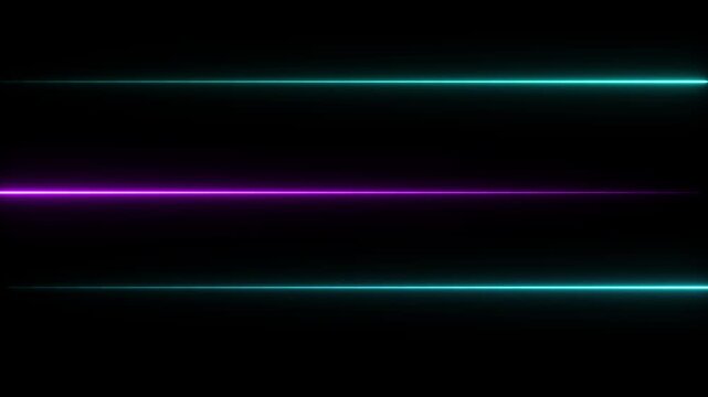 Three horizontal neon light lines in cyan and magenta colors glowing brightly against a deep black background creating a futuristic abstract visual
