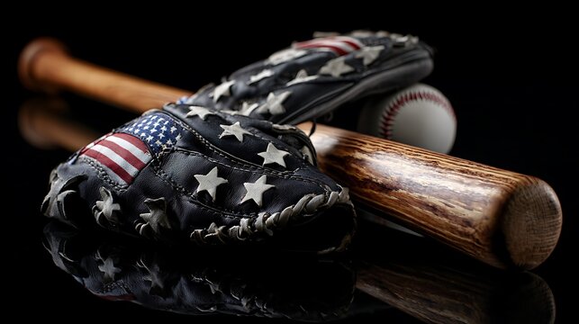 Baseball glove and bat ball with American flag isolated on the black background 