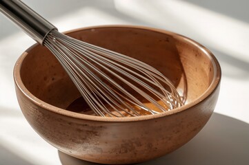 Calm kitchen moment caught as a polished whisk rests quietly in warm ceramic light