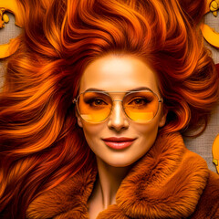 Autumn goddess with orange-red-gold hair amid pumpkin slices