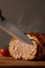 Sharp wooden-handled knife slices smoky turkey revealing tender interior under warm intimate light