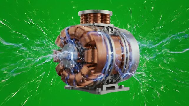 Electromagnetic induction experiment with copper coil and magnetic field on a green background