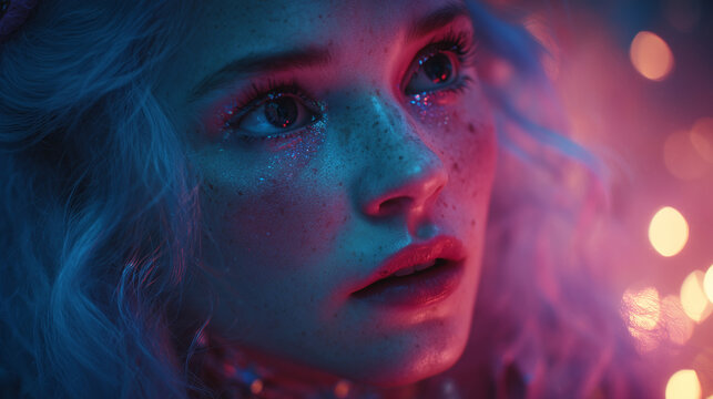 Glowing fantasy beauty portrait of ethereal albino woman with freckles and shimmering skin, neon pink and blue bokeh lights, dreamy cinematic close up for fashion editorial, posters, branding