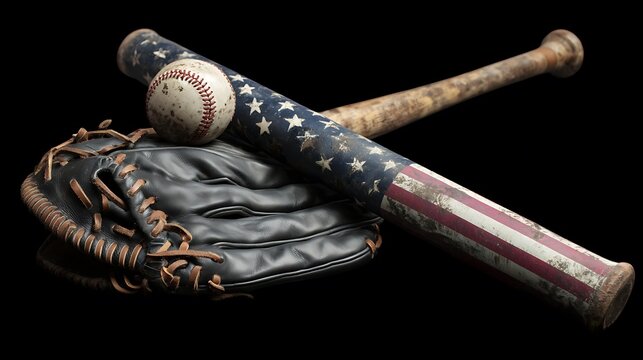 Baseball glove and bat ball with American flag isolated on the black background 