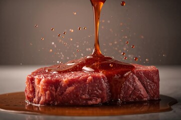 Thick marinade cascades over raw steak capturing glossy texture and dynamic motion