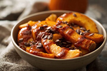 Golden roasted pumpkin wedges shine with maple chili glaze in a cozy autumn bowl